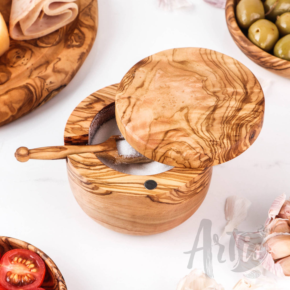 Olive Wood Handmade Salt Cellar with Scoop