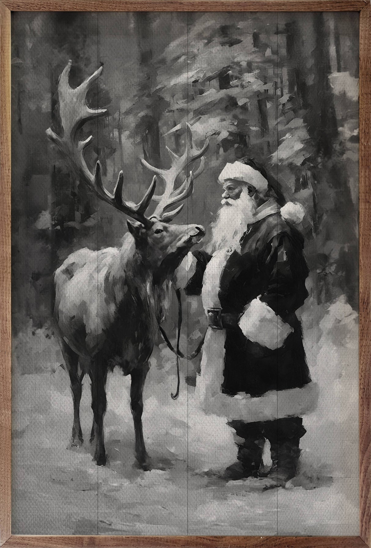 Santa And Reindeer Black & White Wood Art