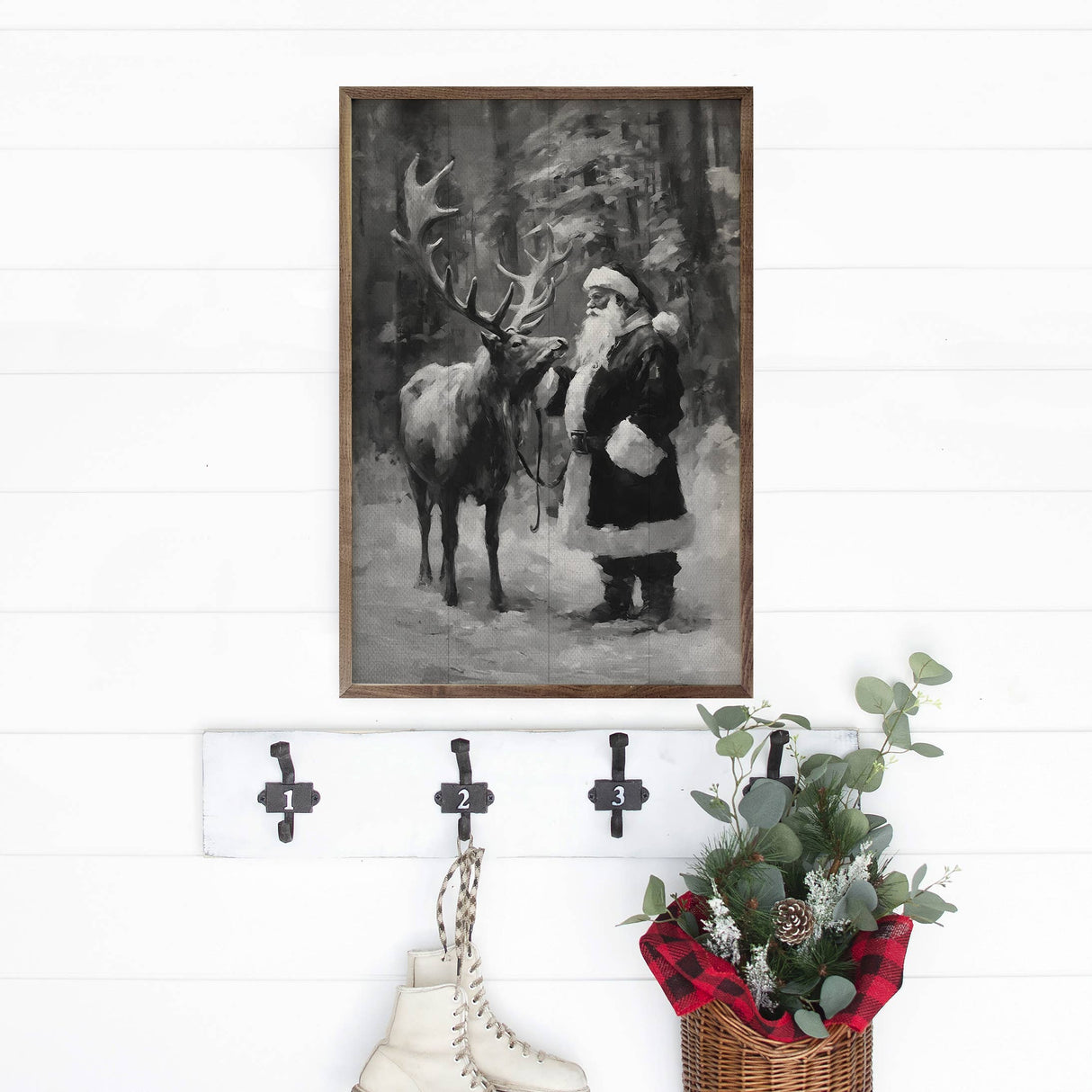 Santa And Reindeer Black & White Wood Art