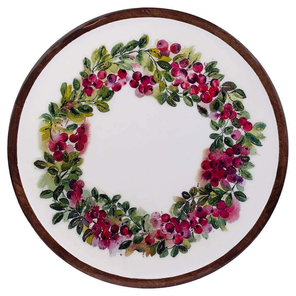 14" Cranberry Wreath Wood Lazy Susan