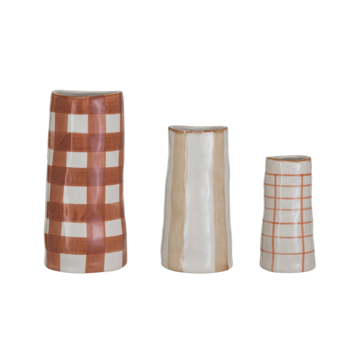 Hand-Painted Stoneware Vases w/ Patterns, Brown, Rust & Cream Color, Set of 3