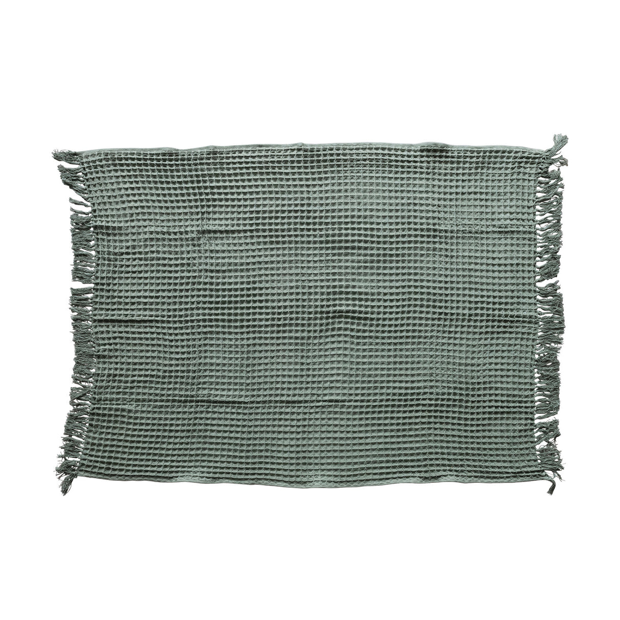 Waffle Weave Throw with Fringe, Green, Tied with Kraft Paper & Tape