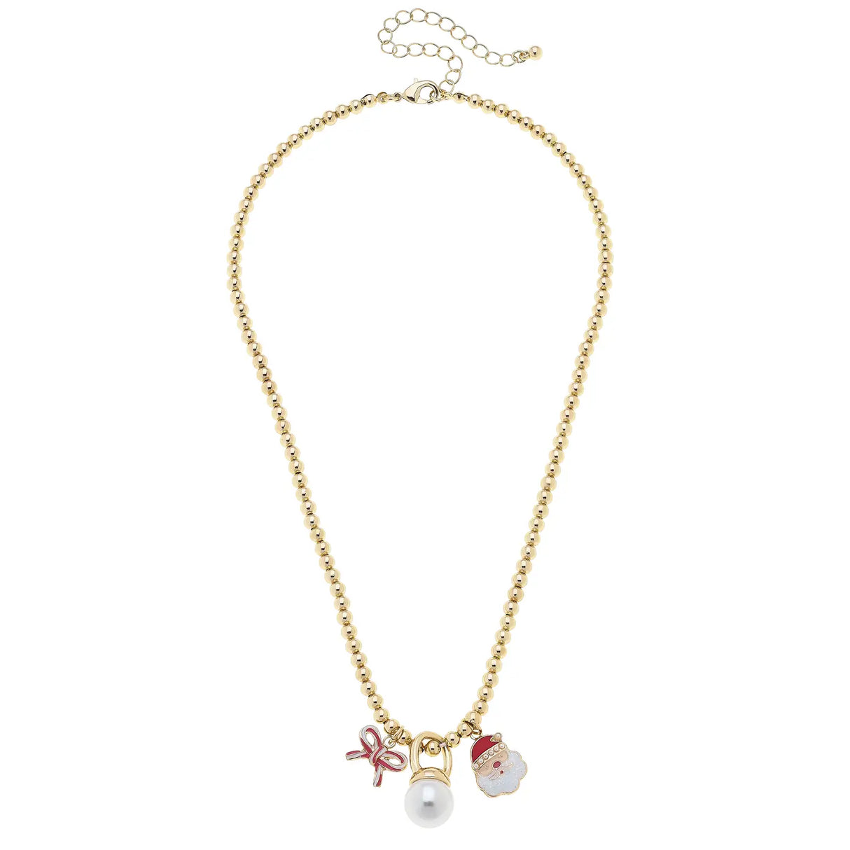 Candy Cane Bow & Santa Charm Necklace in Gold