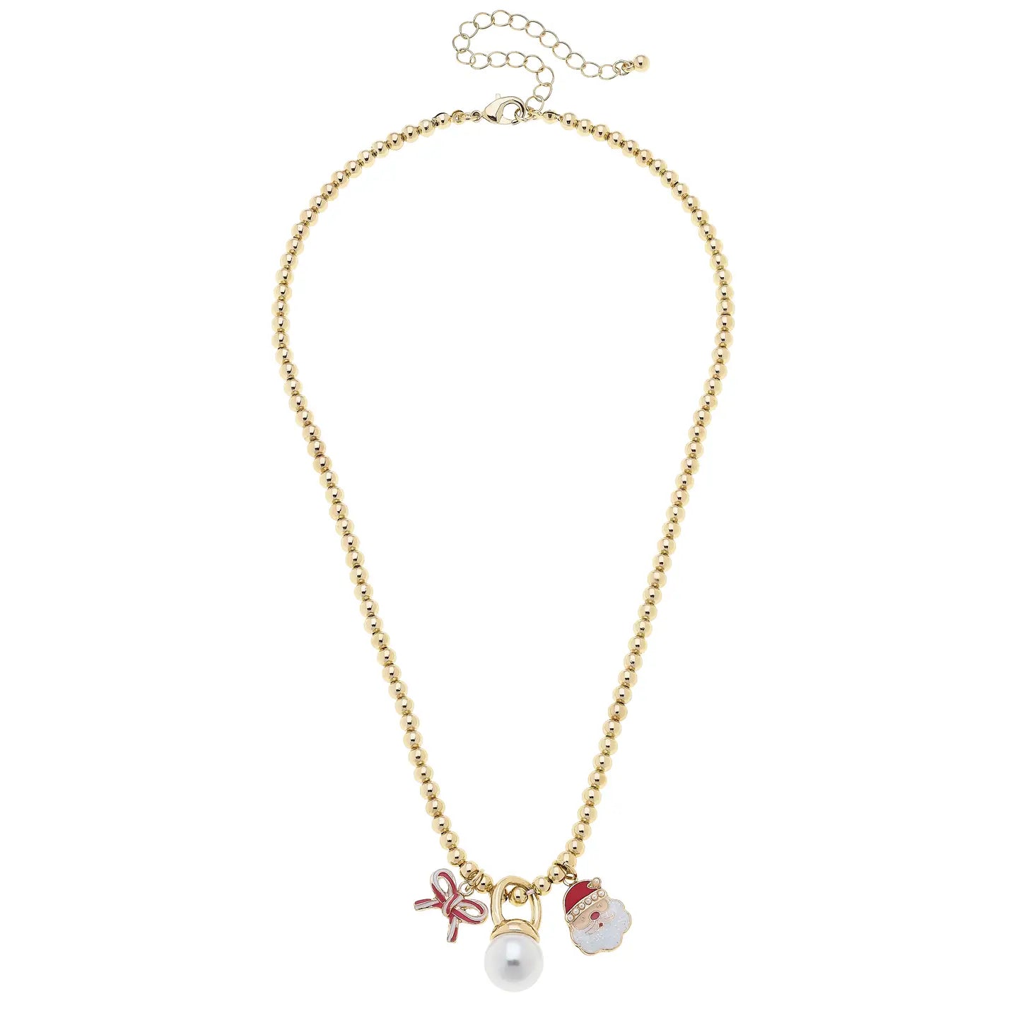 Candy Cane Bow & Santa Charm Necklace in Gold