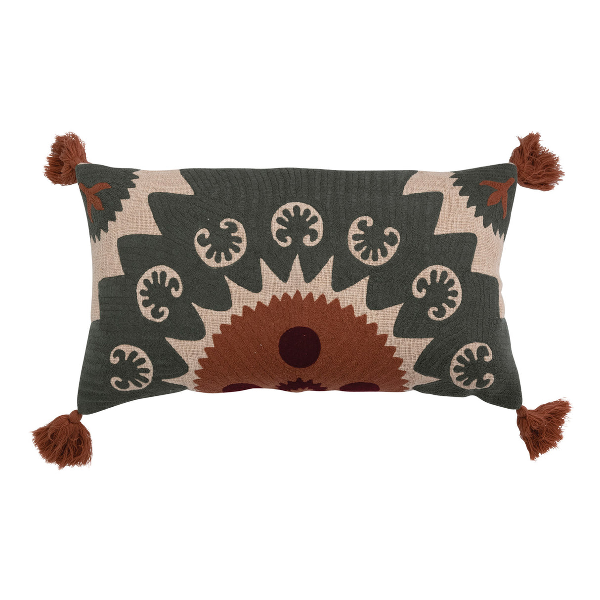 28" x 16" Cotton Lumbar Pillow with Suzani Embroidery & Tassels