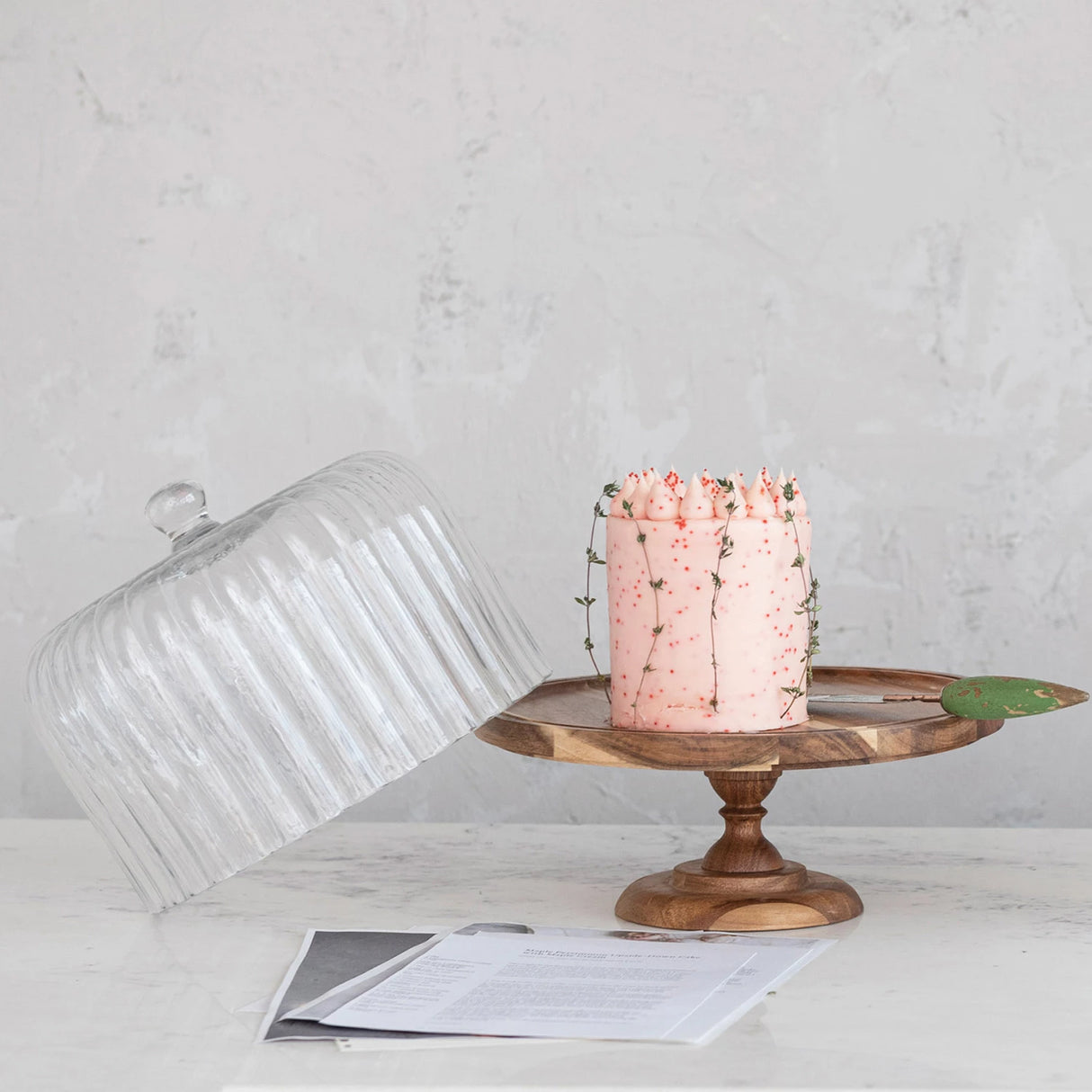 Acacia Wood Pedestal with Fluted Glass Cloche