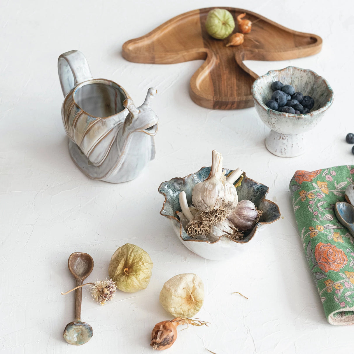 Blue Speckled Stoneware Ruffled Bowl