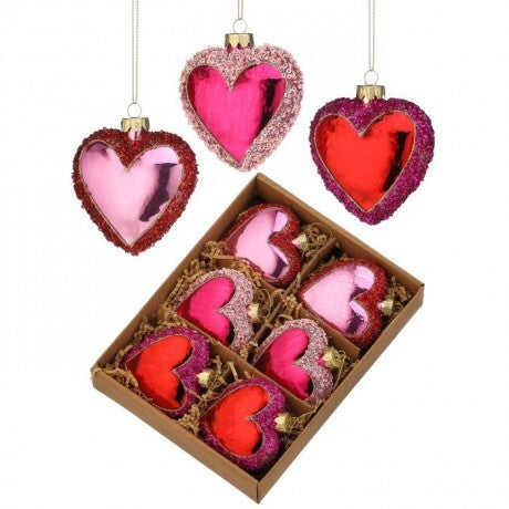 Glass Sequin Heart Ornament Box of 6