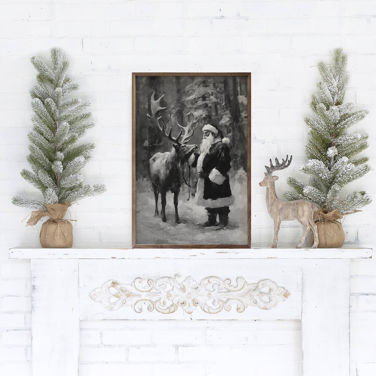 Santa And Reindeer Black & White Wood Art