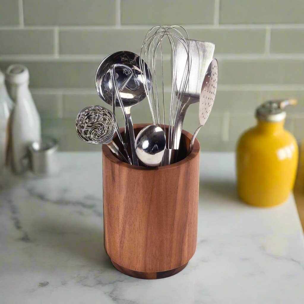 Medium Acacia Lazy Susan Utensil Holder