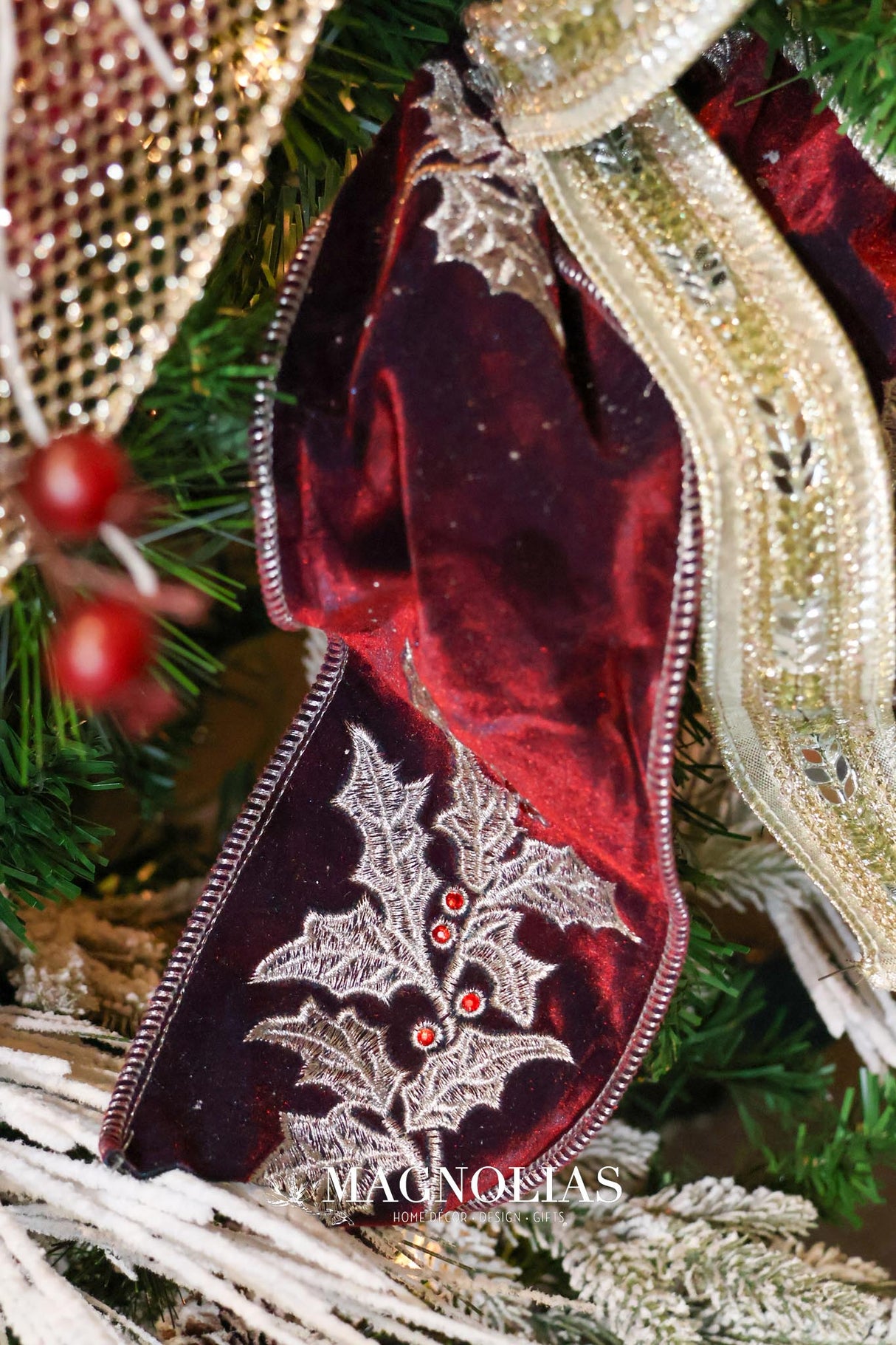 4" Holly Embroidered Cherry Velvet Ribbon Bolt