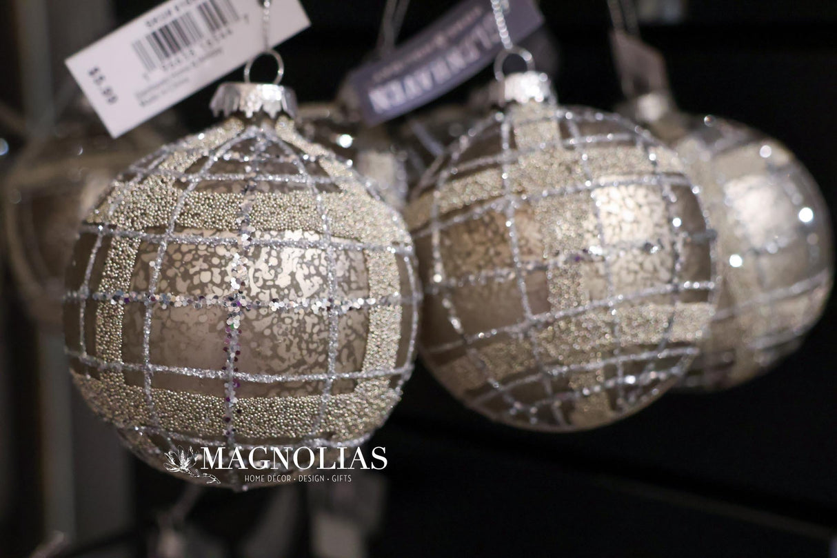 Taupe Plaid Glass Ornament