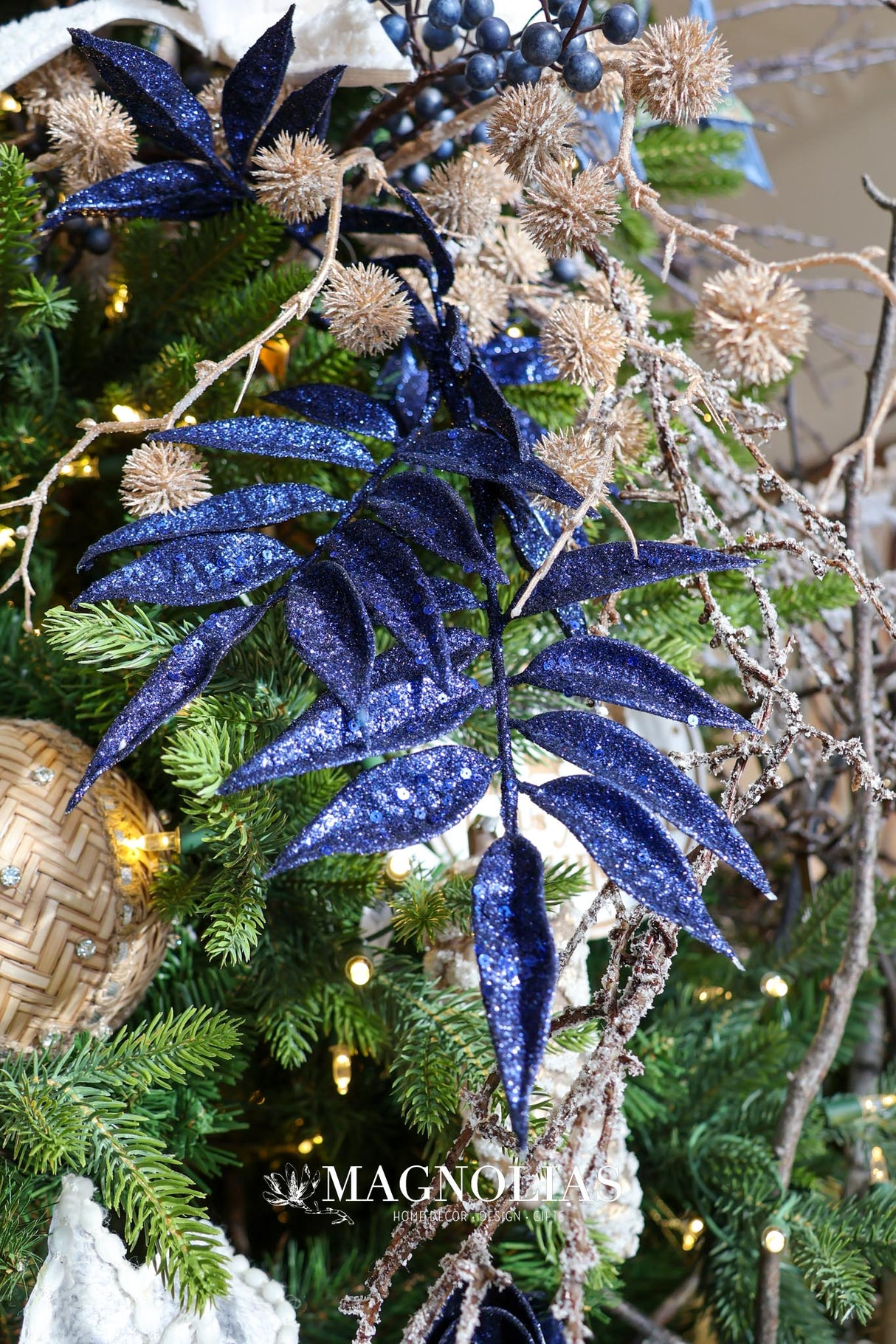 Midnight Blue Glitter Leaf Spray