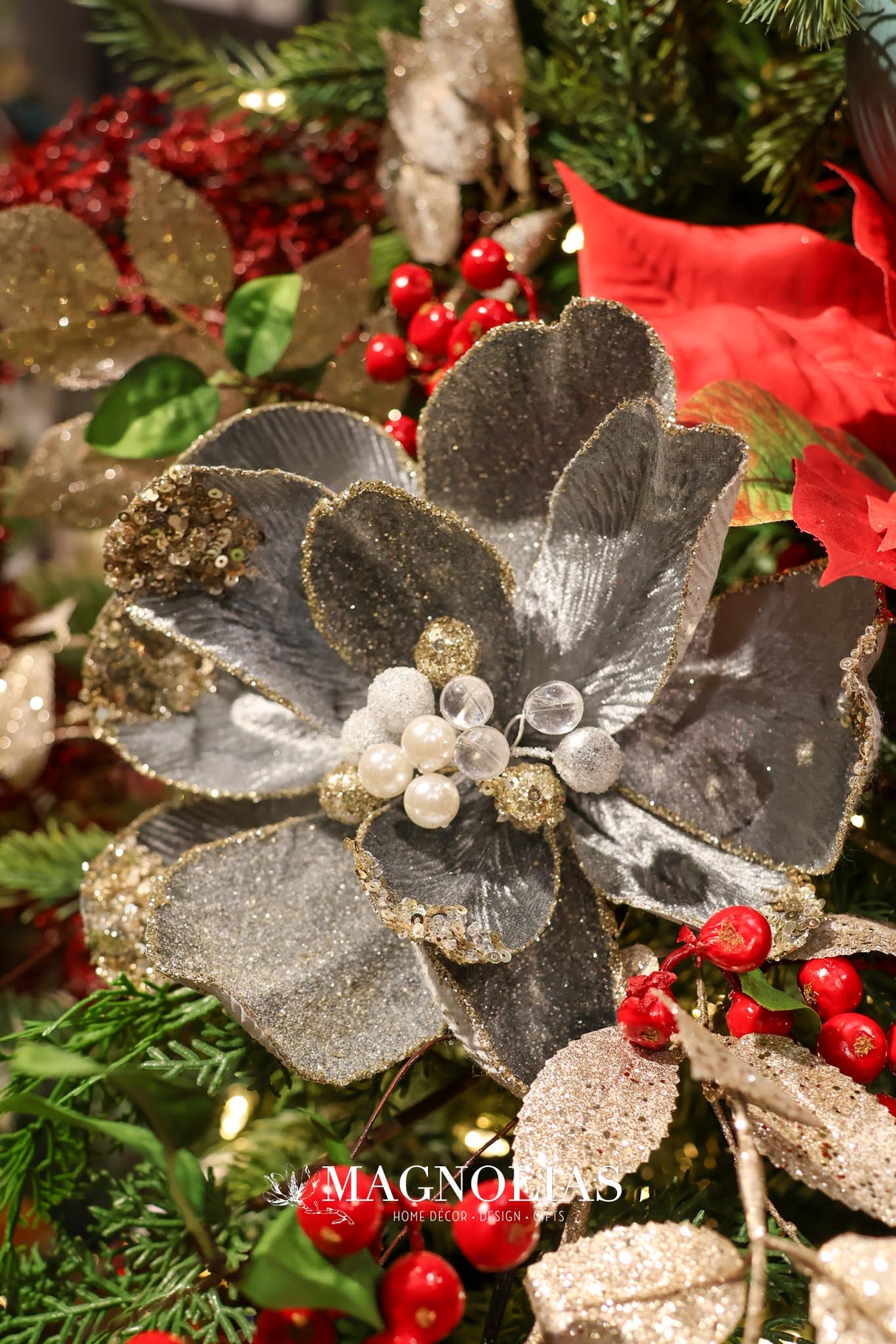 Blue Grey Glitter Magnolia Stem