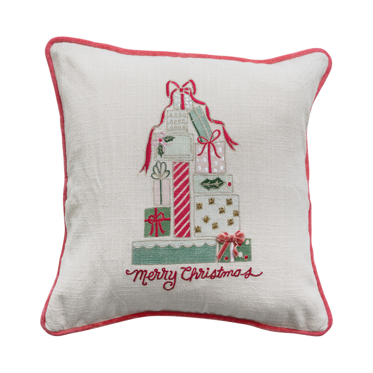 20" Square Pillow with Gifts, Embroidery, Piping & Velvet Back ©