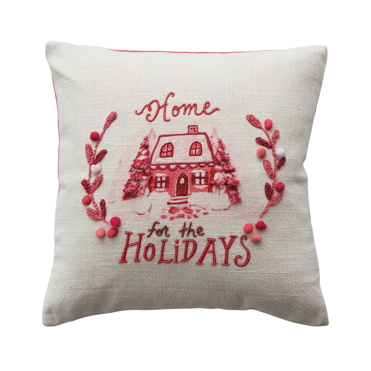 16" Square Cotton Slub Printed Pillow with Embroidered House Image ©