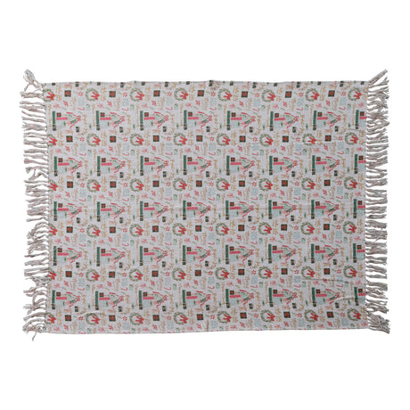 Cotton Slub Printed Throw with Holiday Pattern & Fringe ©