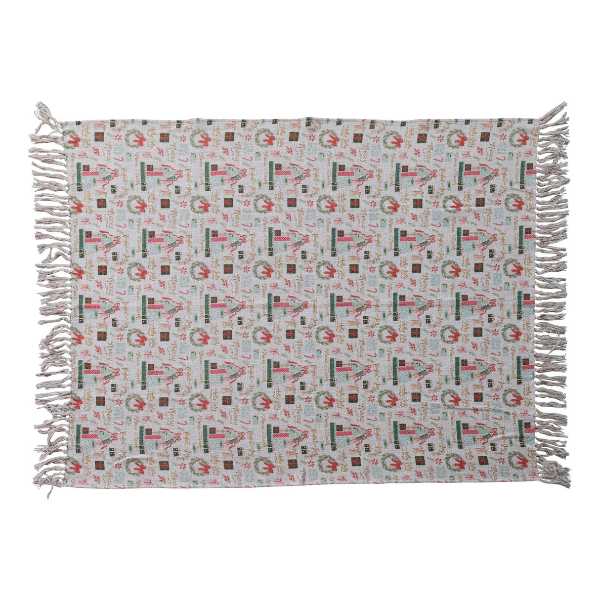 Cotton Slub Printed Throw with Holiday Pattern & Fringe ©