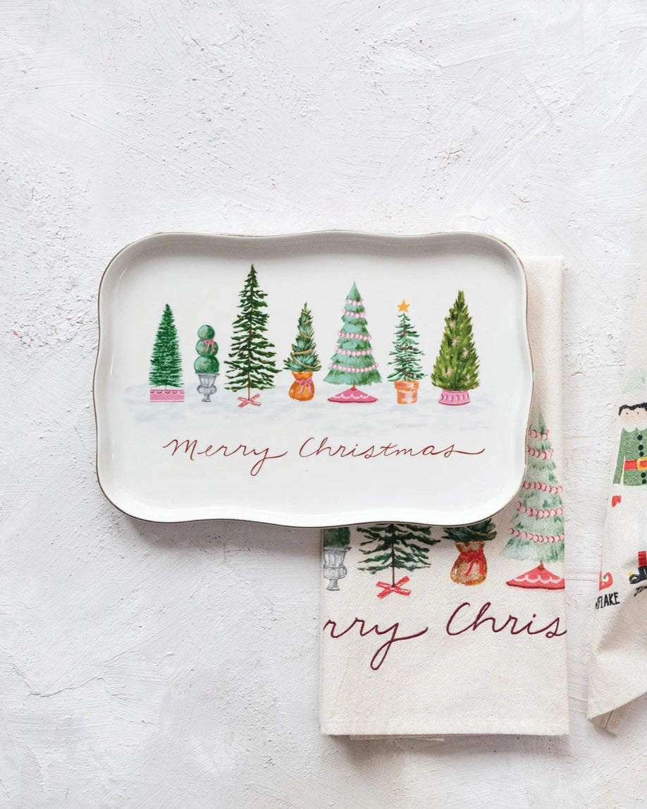 Merry Christmas Stoneware & Gold Scalloped Platter