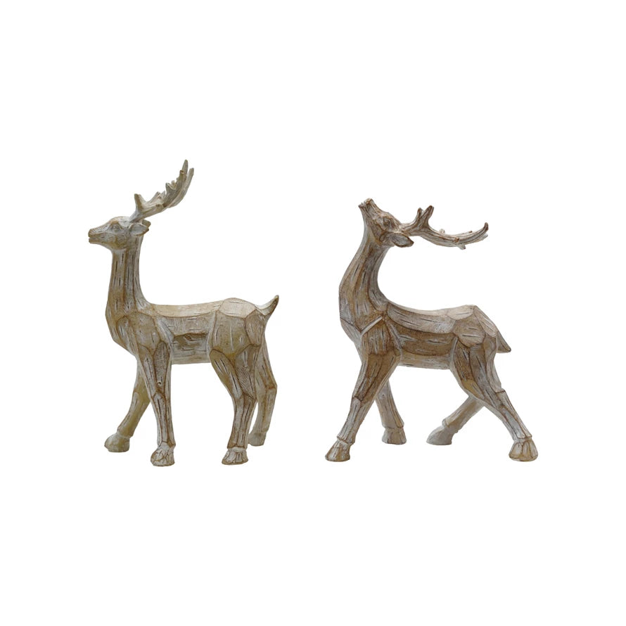 Whitewashed Carved Wood Finish Resin Deer