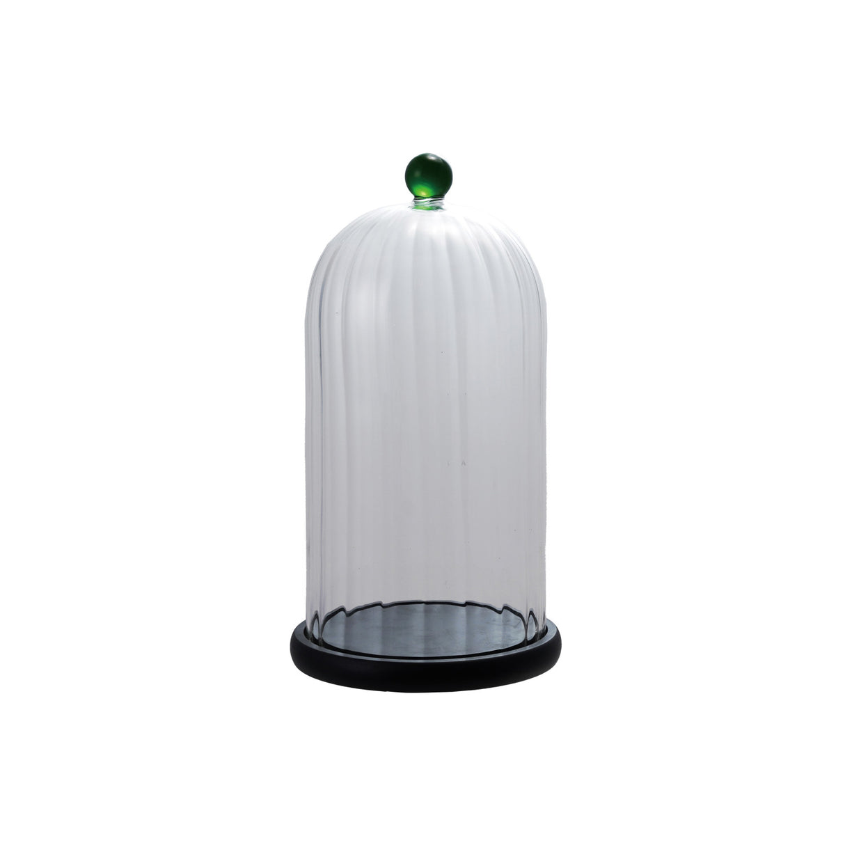 Decorative Glass Fluted Cloche with Green Knob & MDF Base, Set of 2