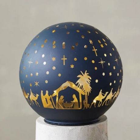 Navy & Gold Nativity Lighted Glass Orb