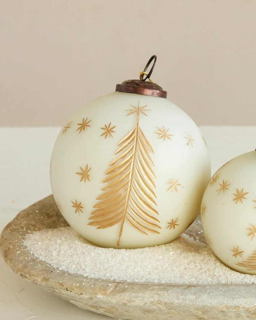 Matte Ivory Hand-Painted Glass Etched Ornament