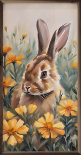 16" Bunny In Marigolds Field Wood Art