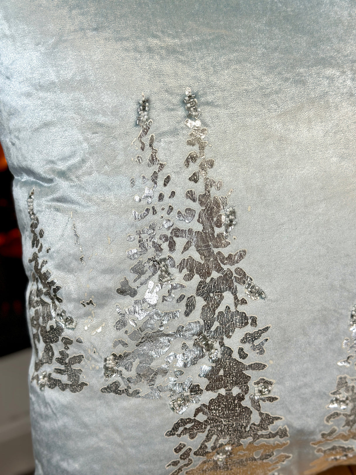 Silver Foil Trees & Beaded Snowflakes Velvet Pillow