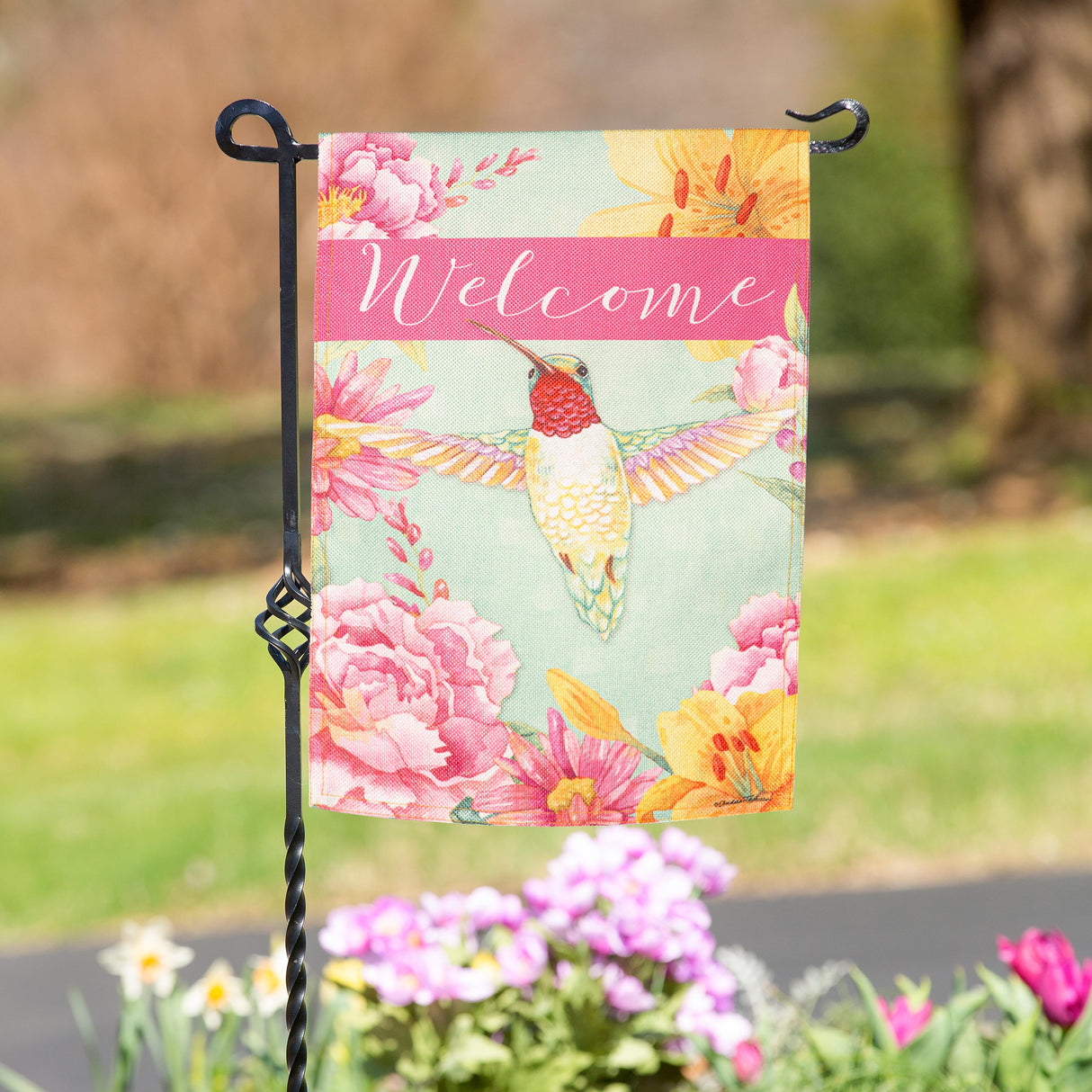 Welcome Hummingbird Burlap Garden Flag