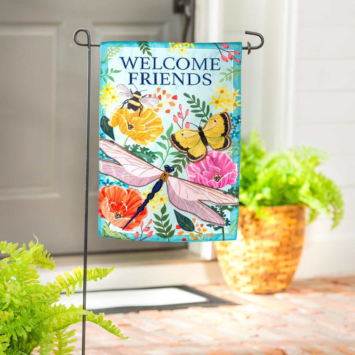 Greenhouse Garden Welcome Friends Applique Garden Flag