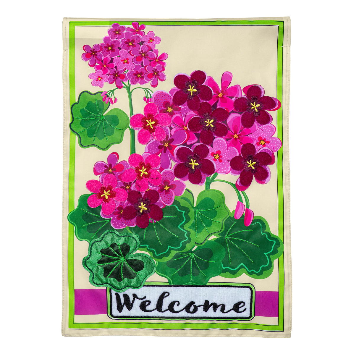 Pink Geranium Welcome Applique Garden Flag