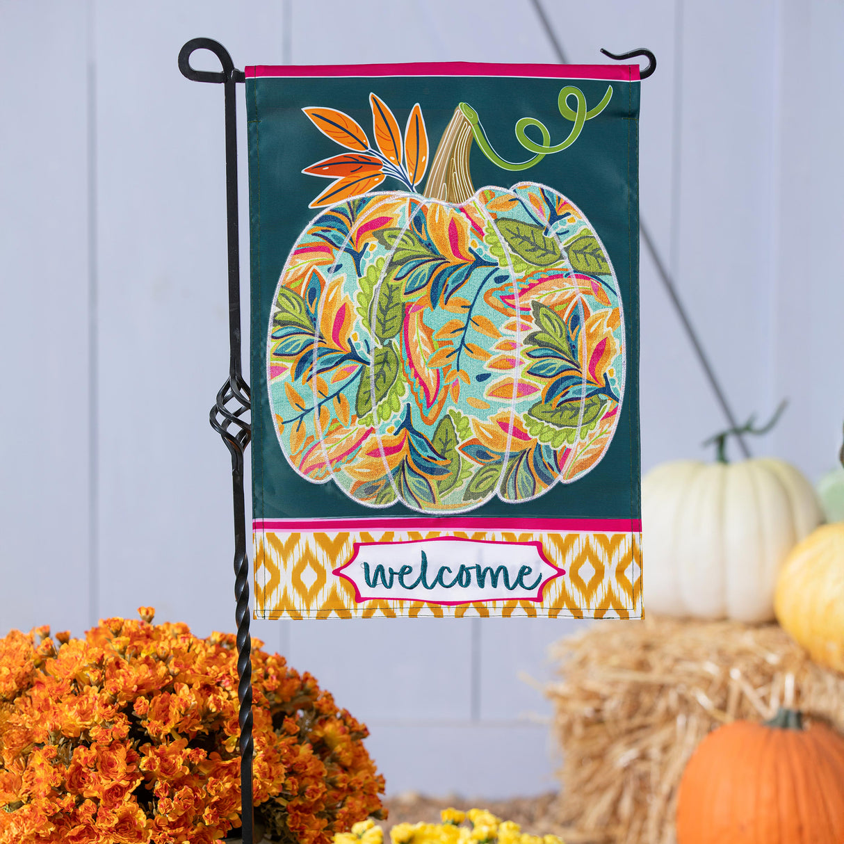 Jacobean Floral Pumpkin Applique Garden Flag