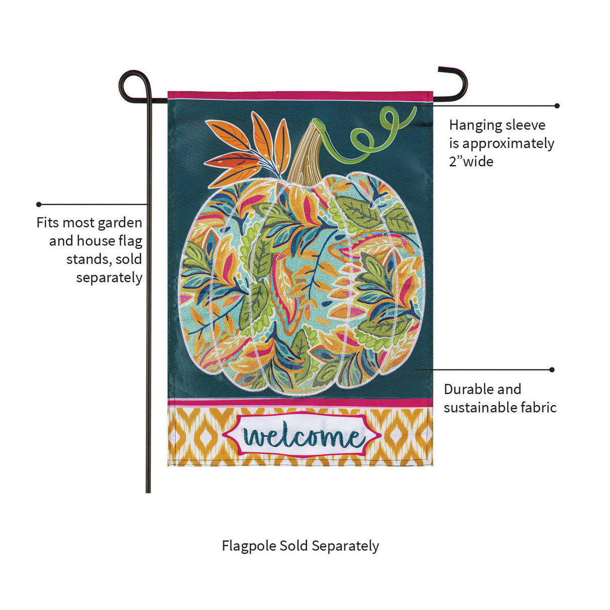 Jacobean Floral Pumpkin Applique Garden Flag