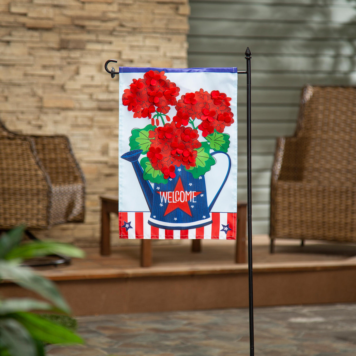 Patriotic Geraniums  Applique Garden Flag