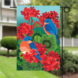 Bluebird in Red Geraniums Applique Garden Flag