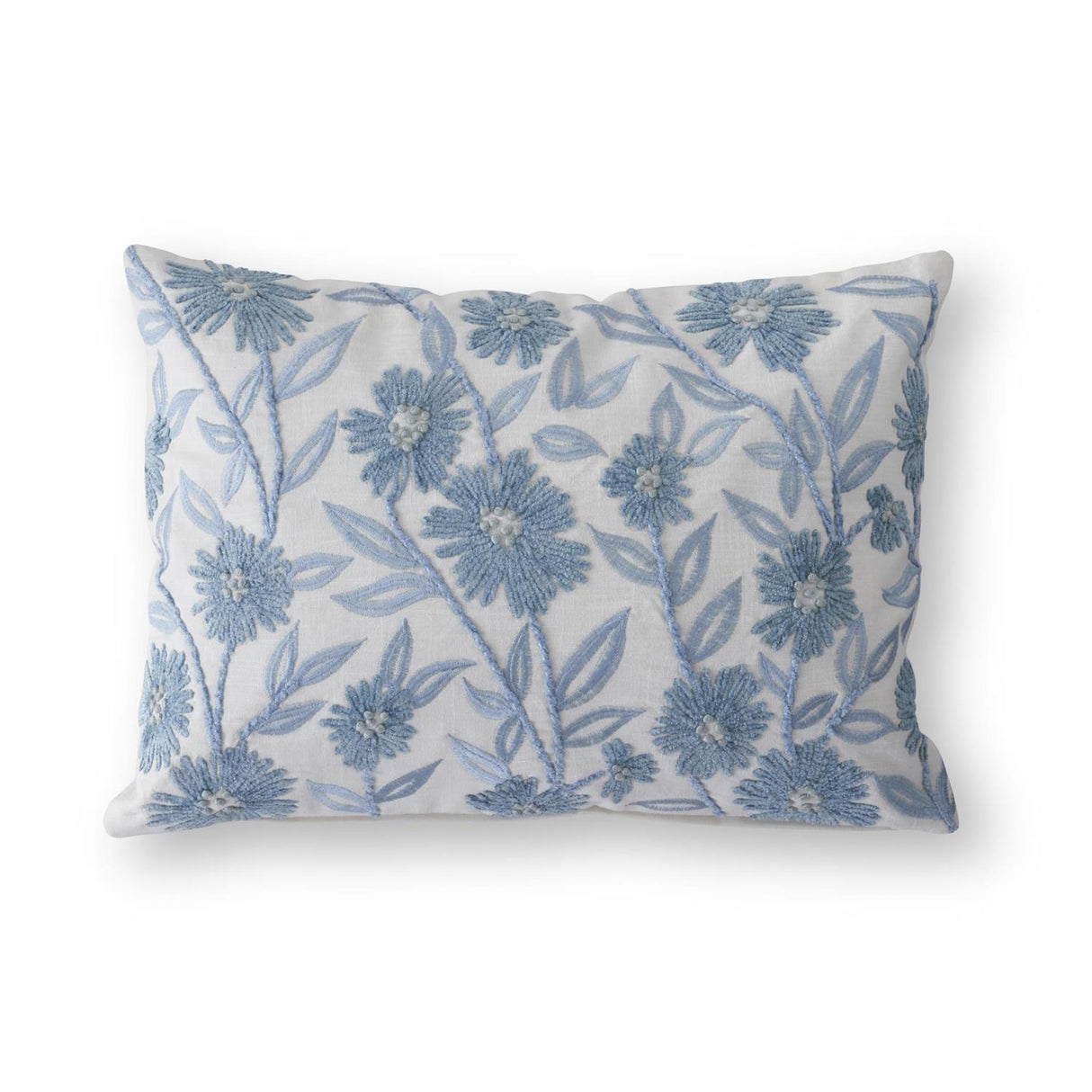 14" Blue Embroidered Flora Lumbar Pillow