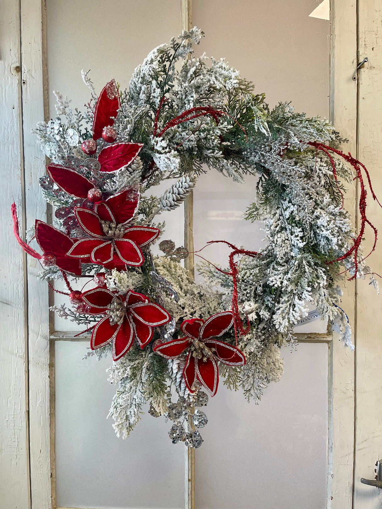 24" Frosted Cedar Poinsettia Wreath