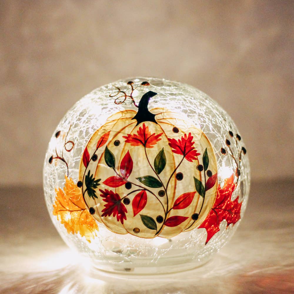 White Pumpkin Branch Lighted Glass Orb