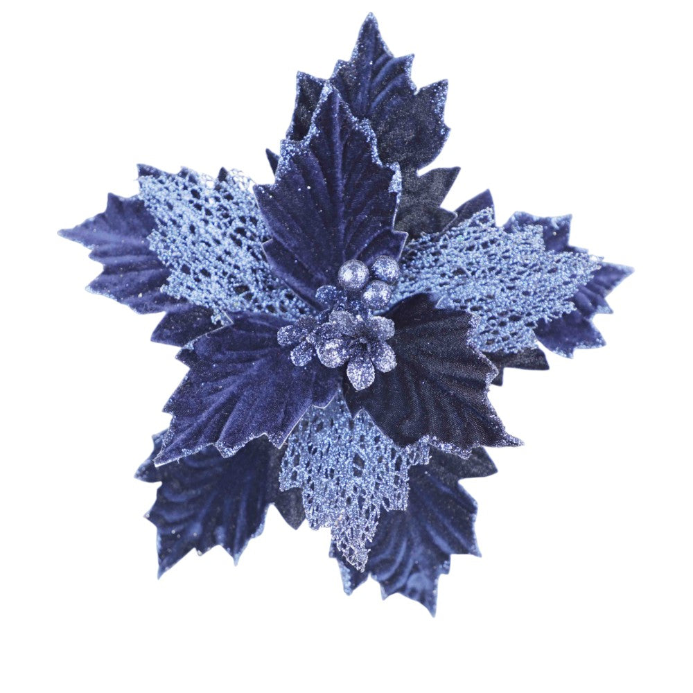 Velvet Navy Glitter Poinsettia Stem