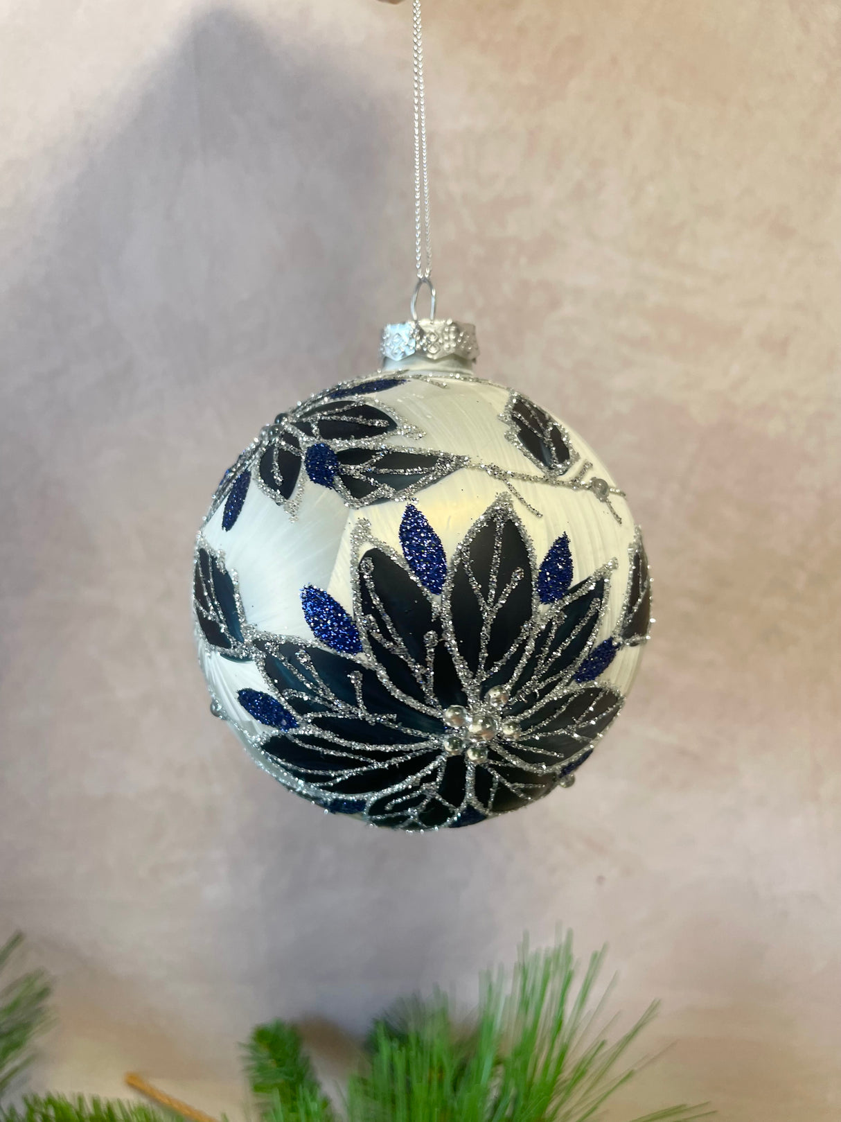 Navy Poinsettia Glass Ornament - 2 Styles