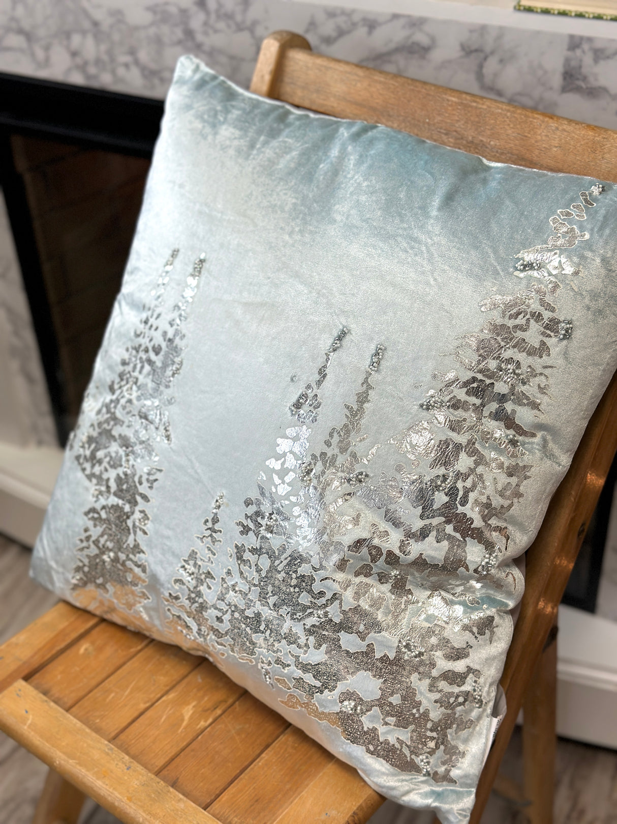 Silver Foil Trees & Beaded Snowflakes Velvet Pillow