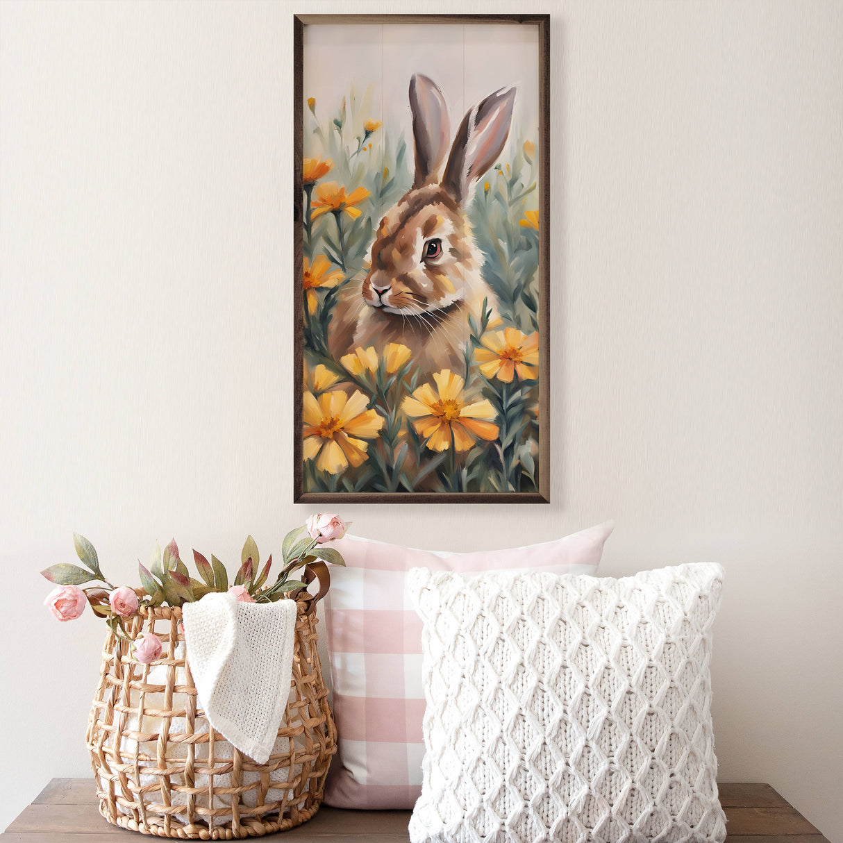 16" Bunny In Marigolds Field Wood Art