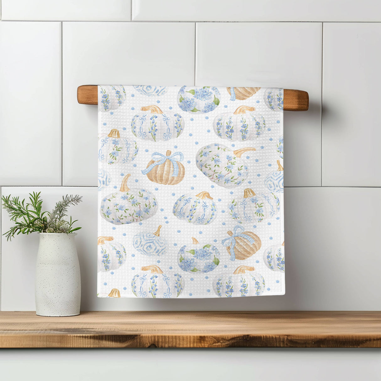 Blue Pumpkin Chinoiserie Fall Tea Towel