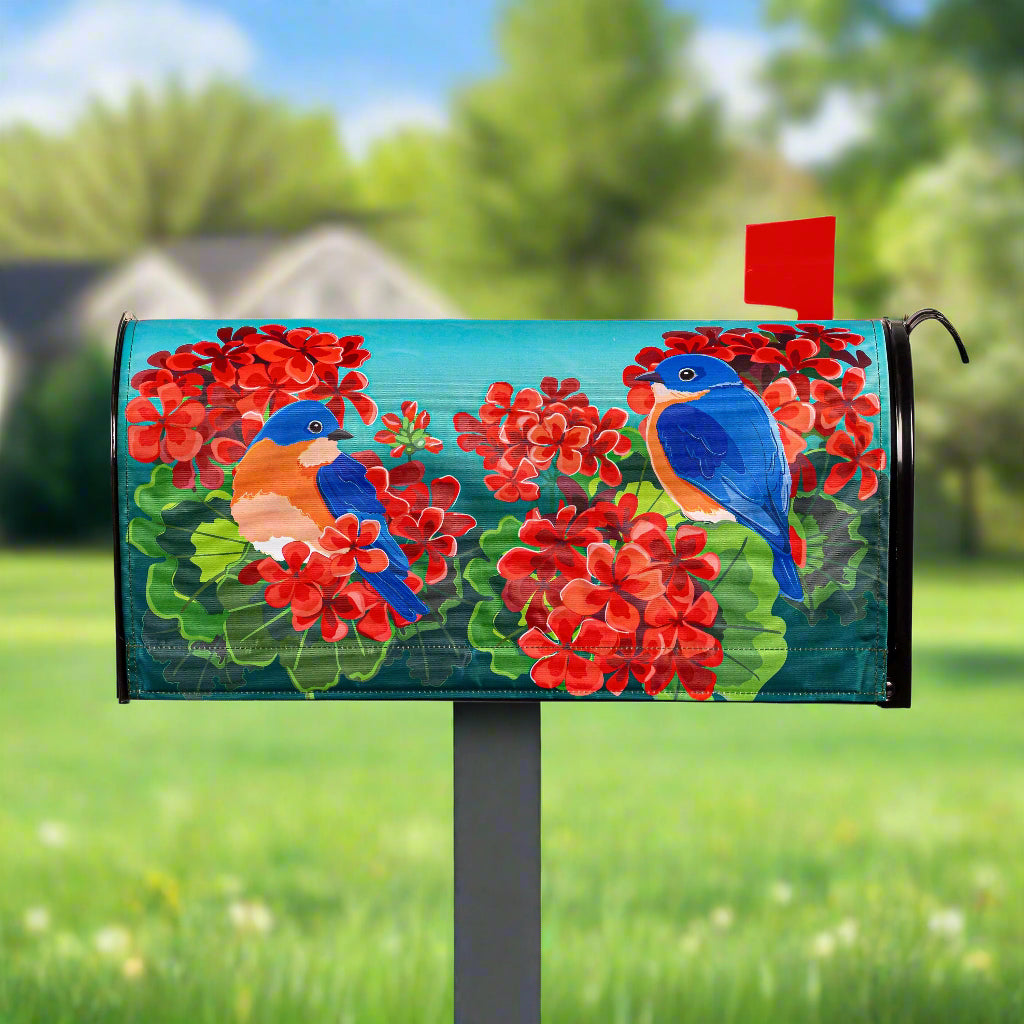 Bluebird in Red Geraniums Mailbox Cover