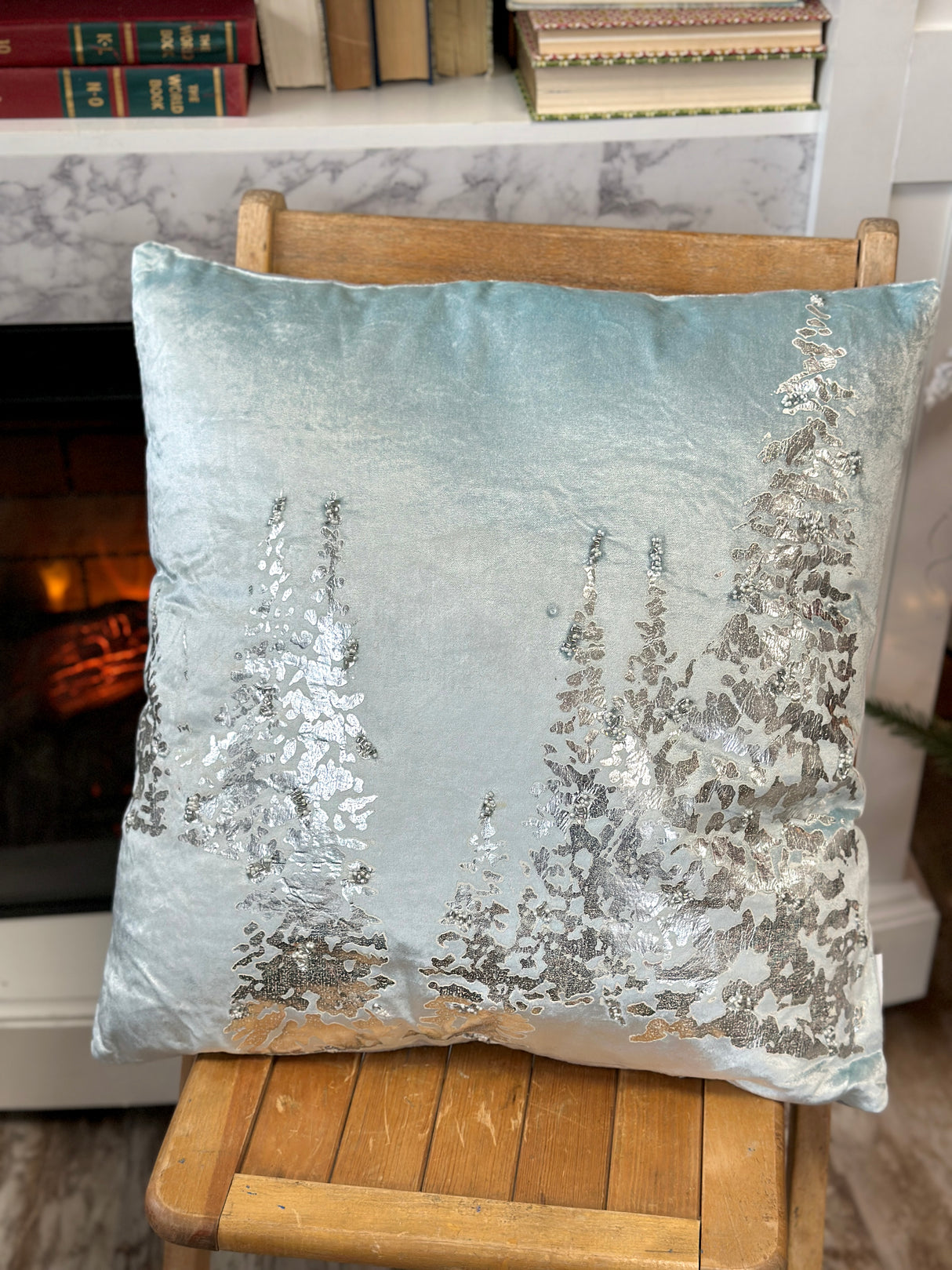 Silver Foil Trees & Beaded Snowflakes Velvet Pillow