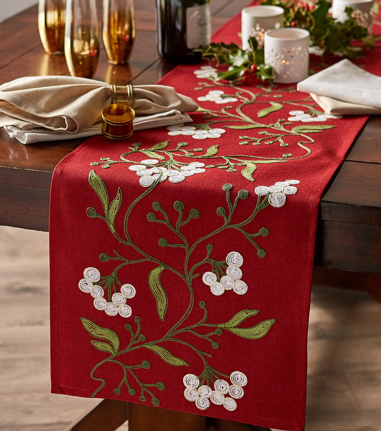 Mistlletoe Embroidered Table Runner