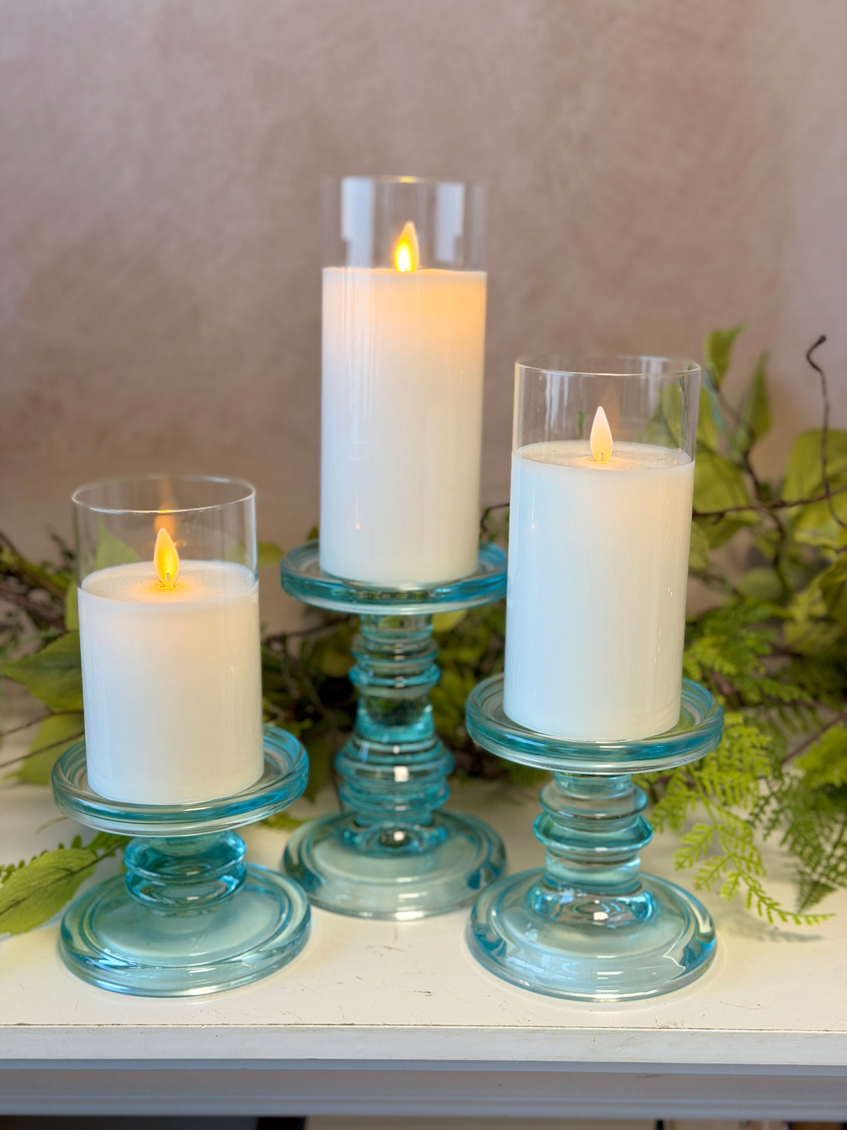 Coastal Blue Glass Candleholder Set of 3