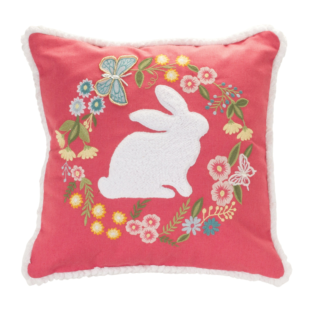 16" Rabbit & Floral Wreath Pillow