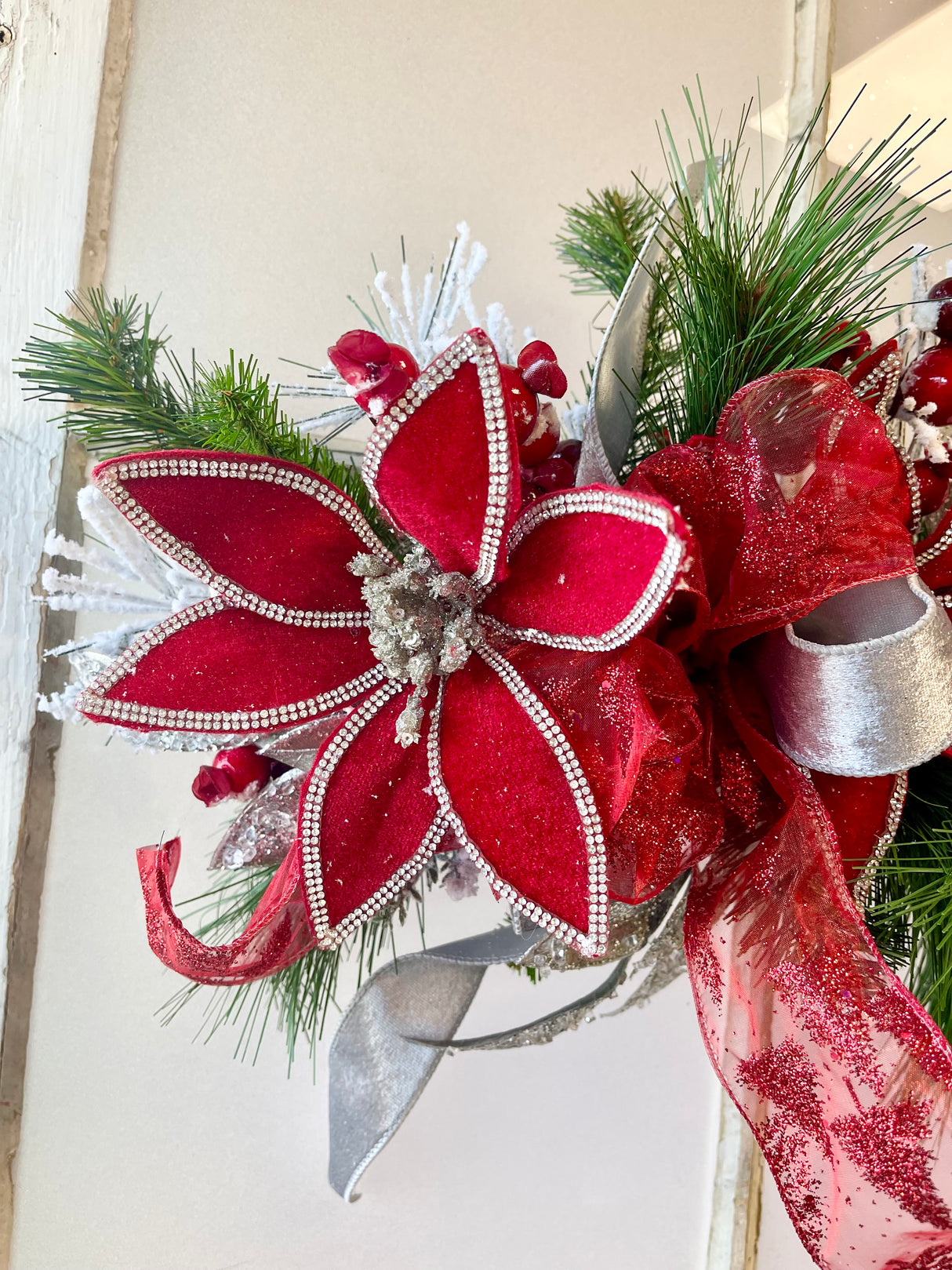 23" Silver Bells Red Poinsettia Swag